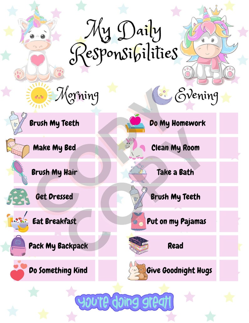 My Daily Responsibilities Chore Chart And Daily Routine For Young Kids