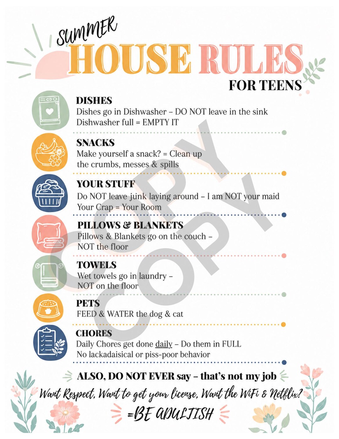 Summer House Rules for Teens Bright | Daily Routine Chart, Clean ...