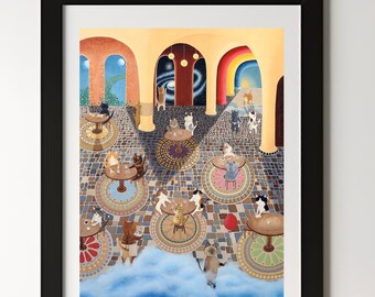 May include: A whimsical painting of a cat cafe with cats sitting at tables, drinking tea and coffee. The cafe has arched doorways leading to different scenes, including a galaxy, a rainbow, and a blue sky with clouds. The cats are wearing different colored clothes and have unique personalities.