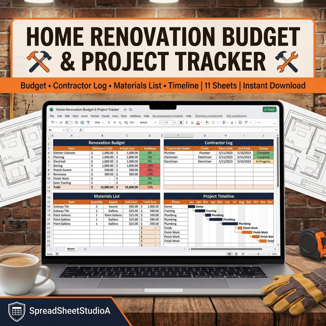 Home Renovation Budget Spreadsheet | Renovation Project Tracker Excel ...