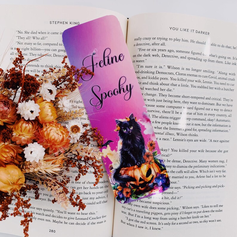K&ouml;nnte beinhalten: Ein lila und pinkfarbenes Lesezeichen mit einer schwarzen Katze, die auf einem K&uuml;rbis sitzt. Das Lesezeichen tr&auml;gt die Aufschrift "Feline Spooky". Der Text "You Like It Darker" ist im Hintergrund zu sehen.