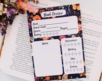 May include: A printable book review tracker with a floral design. The tracker has sections for the book title, author, genre, dates read, rating, notes, characters, writing, plot, and ending. The tracker is decorated with stars, butterflies, and moons.