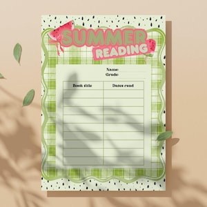 May include: A summer reading log with a watermelon theme. The top of the page has the words "SUMMER READING" in pink and green. The page has a green plaid border and a section to write book titles and dates read.