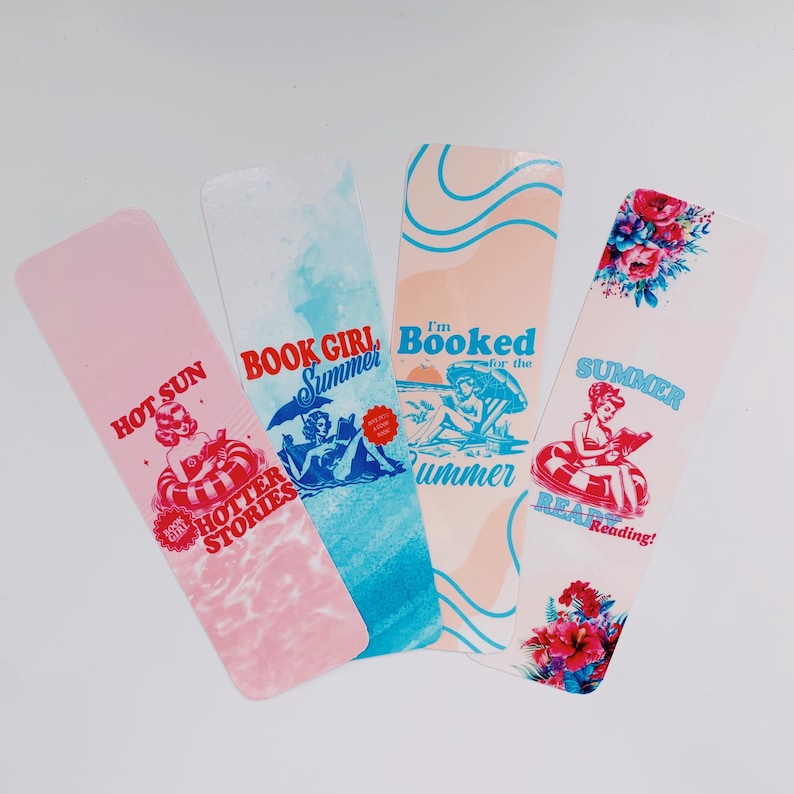May include: Four rectangular bookmarks with summer-themed designs. The bookmarks feature illustrations of women, beach scenes, and floral accents. Text includes "Hot Sun," "Book Girl Summer," "I'm Booked for the Summer," and "Summer Reading!"