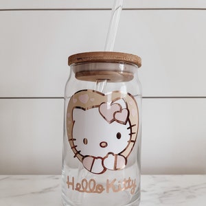 Hello Kitty Glass Cup W/ Lid, Rose Gold Glass Cup, Iced Coffee
