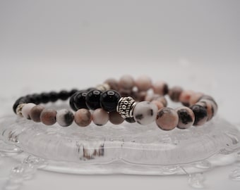 Pink Zebra Jasper + Onyx Bracelets