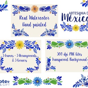 May include: A set of 3 watercolor frames and 3 corner designs in a traditional Mexican Talavera style. The frames feature blue, green, yellow, and orange floral patterns. The text "Artesanía de México" and "Real Watercolor Hand painted" is included in the image.