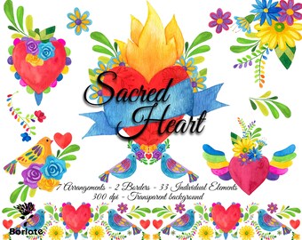 Corazones Mexicanos, Mexican Sacred Hearts ClipArt, Watercolor Mexican hearts, Mexican Folk art,Mexican flowers, PNG, Valentine's Day.