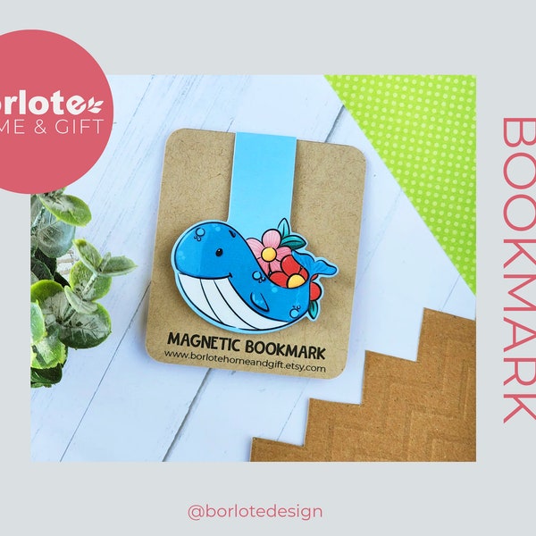 Whale Magnetic Bookmark, Handmade Book Accessories, Page Marker, Simple Slim Bookmarks, Cute Whale, Floral Bookmark