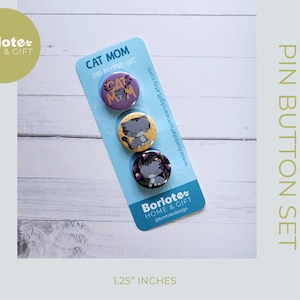 cat mom button set, cat button set, cute buttons, cat pin, buttons pins, pin badge, cat mom pin badge, 1.25&quot; buttons