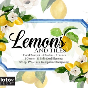 Aquarell Blumen ClipArt, Mittelmeer Hochzeit, Hochzeit im Freien, Positano Fliesen, blaue Fliesen, Zitronen, Aquarell Fliesen, PNG Cliparts