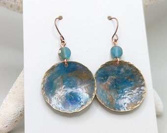 Dangle Earrings Raku Effect, Brass Boho Beach Earrings with Faceted Blue Crystals, Unique One-of-a-Kind handmade Gift for Her