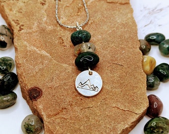 Mountain Lover's Minimalist Jasper Gemstone Cairn Necklace -  Silver Mountain Etched Charm, Handcrafted, Perfect Gift