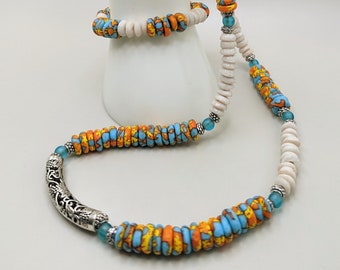 Summer Beaded Leather and Silver Beach Necklace and Bracelet Set, Made with African Recycled Glass beads, Artisan Boho Handmade Gift for Her