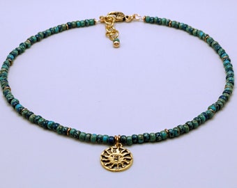Beaded Choker Necklace, Gold Sun Charm Choker Turquoise Colbalt Blue Seed Beads adjustable Boho Ocean Beach Necklace Handmade Gift for Her