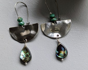 Silver Dangle Boho Earrings Turquoise Czech Glass Abalone Shell Earrings Silver Southwest Earrings Handmade Artisan Gift for Her