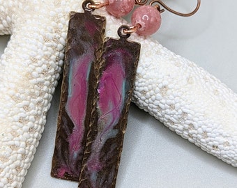 Raku Effect Brass Dangle Earrings with Faceted Czech Glass, Shades of Pink, Artisan, Unique One-of-a-Kind Handmade Gift for Her
