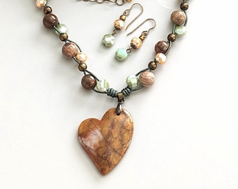 Handcrafted Beaded Jasper Heart Pendant Set with Faceted Glass & Crystals on Dark Green Leather - Unique, Boho Chic Necklace and Earring Set