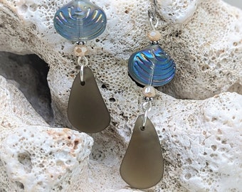 Summer Beach Earrings, Sea Glass Style Silver Dangle Earrings Pressed Glass Shell,Crystal with Sea Glass Drop Handmade Gift for Her