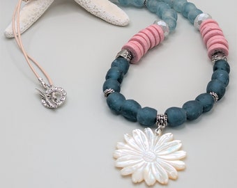 Summer Beaded Necklace, Sunflower Shell Pendant Necklace "Sea Glass" beach and Silver Necklace Boho Handmade Gift for her