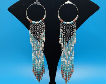 Fringe Duster Style Silver Dangle earrings, Czech Glass Seed Beads Boho Handmade Gift for Her