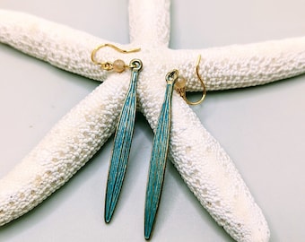 Statement Brass Earrings with Eye-catching Blue and Green Patina Design, Summer Beach Earrings,  Artisan, Boho Handmade Gift for her