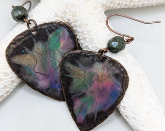 Raku Effect Brass Dangle Earrings with Faceted Czech Glass Bead, Unique One-of-a-Kind, Artisan, Handmade Gift for Her
