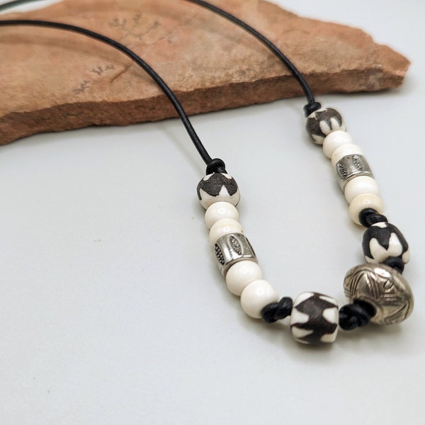 African Bone Necklace knotted on Leather, Made with Traditional Chevron Batik Bones, Boho Beach Necklace, Unisex Style