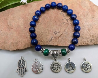 Gemstone Beaded Stretch Bracelet, Natural Lapis Lazuli and Malachite Healing Bracelet, Your choice of Charm Boho Handmade Gift for Her