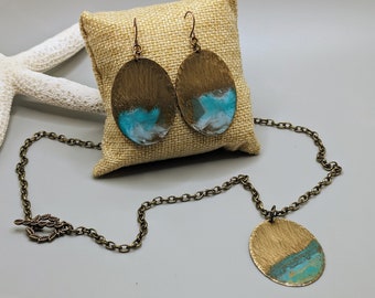 Unique Handpainted Brass Oval earrings-Pendant Necklace Set