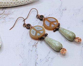 Peace Sign Earrings, Czech Glass and Copper Earrings Copper Bird Dangle Earrings, Handmade Artisan Boho Gift for Her