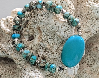 Genuine Turquoise & Jasper Beaded Bracelet, Stretch Bracelet Use with Essential Oils, Southwest Boho Handmade Gift for Her