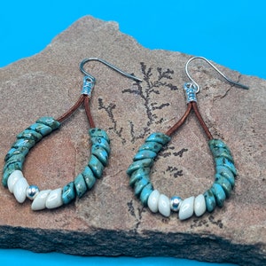 Handmade, Boho Turquoise and White Beaded Earrings on Leather with Silver Accents