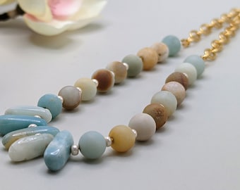 Amazonite Gemstone Beaded Necklace,  Handmade Gold Necklace, Beachy Boho Chic, Gift for Her