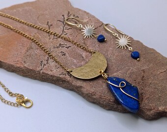 Lapis Lazuli & Crescent Moon Necklace with Starburst Earrings Set, Wire wrapped Lapis Lazuli gemstone pendant - Boho Brass and Gold Jewelry