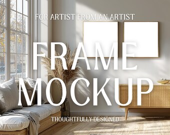 May include: A mockup of two empty picture frames in a living room setting. The frames are gold and rectangular, with a white background. The frames are hanging on a white wall, above a light brown couch with a throw blanket. The couch is in front of a large window with a view of trees. The text "FOR ARTIST FROM AN ARTIST" is above the frames, and the text "FRAME MOCKUP" is below the frames. The text "THOUGHTFULLY DESIGNED" is below the couch.