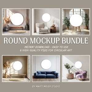 Puede incluir: Un conjunto de seis maquetas redondas para arte circular. Las maquetas presentan diferentes escenas de interior con una variedad de muebles y decoración, incluyendo un sofá, un sillón y un banco de madera. Cada maqueta incluye un marco redondo con un fondo blanco, listo para tu diseño.