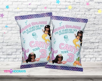 Custom Pink And Purple Mermaid Chip Bag For a Personalized Under The Sea Birthday Party Decor And Snack Favors Giveaway