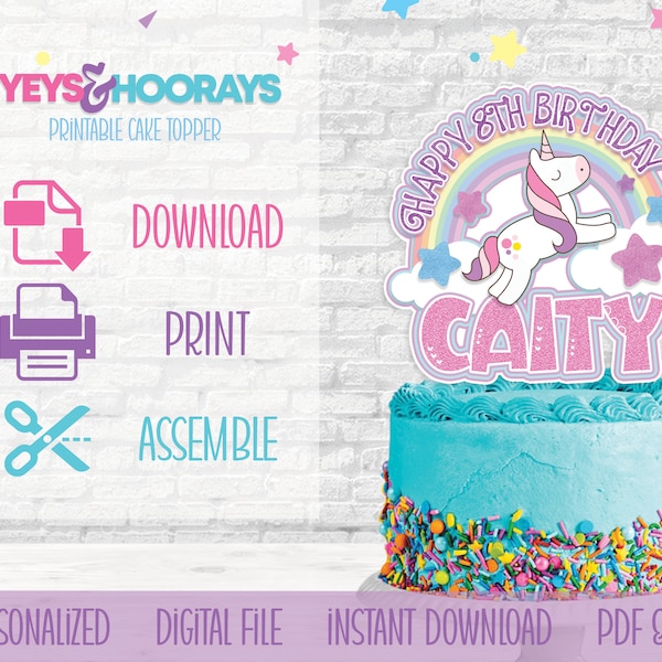 Personalized Printable Unicorn Cake Topper,  Digital File,  For Birthday Cake Decoration, Tags and Centerpiece