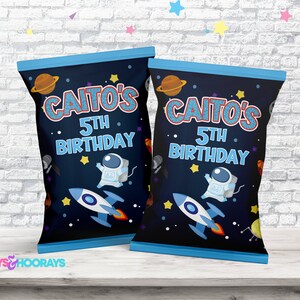 Downloadable Personalized Deep Blue Space Rocket Galaxy Chip Bag For An Outer Space Theme Birthday Party Decor And Snack Favors Giveaway
