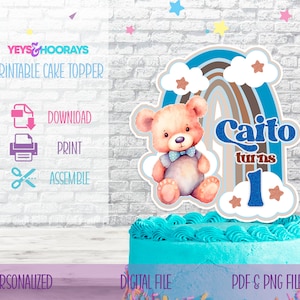Boho Teddybär Cake Topper - druckbare digitale Dekoration für neutrale Babypartys und Geburtstage