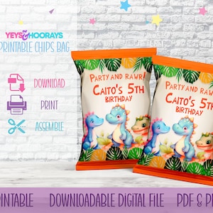 Personalized Dino Delight Printable Chip Bag for Kids&#39; Birthday | Customizable Jurassic Party Favor Wrapper