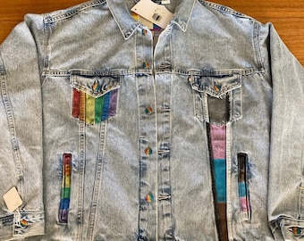 Levi's Premium XXL Denim Jean Jacket Trucker LGBTQ Punked Out with Dripping Rainbow Lips