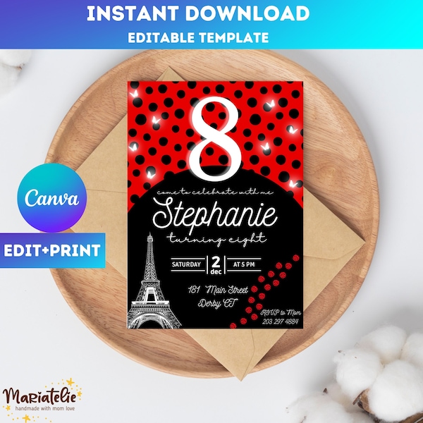 Editable Bug Birthday | Invitation Template | Kids Birthday Invitation | Instant Download | LadyBug | Paris Birthday | Canva template