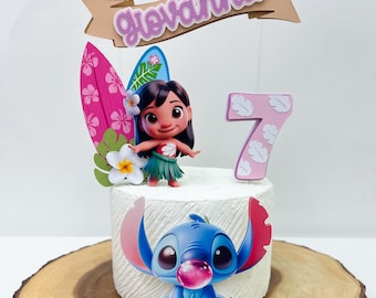 Lilo & Stitch Cake Topper – Personalized Hawaiian Birthday Decoration – Tropical Party Decor