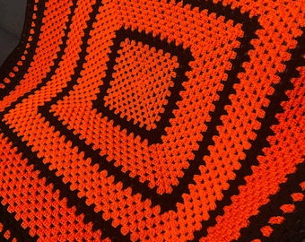 Handmade Halloween Crochet Throw Blanket: Orange & Black Cotton