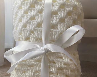 Crochet White Baby Blanket – Sparkly Yarn - Handmade for baby