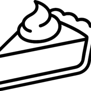May include: A slice of pie with a dollop of whipped cream on top. The pie crust has a scalloped edge. The image is a simple black and white line drawing, perfect for food-related designs or illustrations.