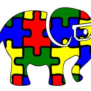Puede incluir: Una silueta de elefante colorida hecha de piezas de rompecabezas en rojo, azul, verde y amarillo.