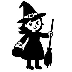 Peut inclure: Illustration en noir et blanc d'une jeune sorcière tenant un balai et un chaudron. La sorcière porte un chapeau pointu avec une boucle, une robe et des bottes. Un design sur le thème d'Halloween.